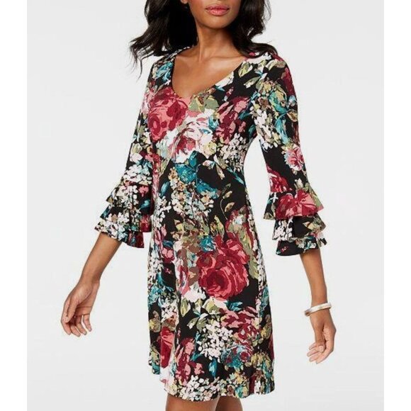 Connected Apparel Watercolor Fall Floral Print Ruffle Sleeve Shift Dress Size 16 - Picture 1 of 8